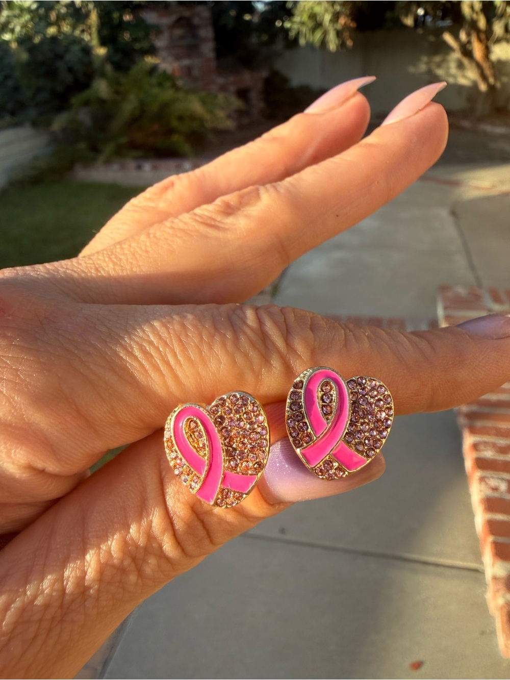 Pink Ribbon Heart Stud Earrings - Breast Cancer Awareness